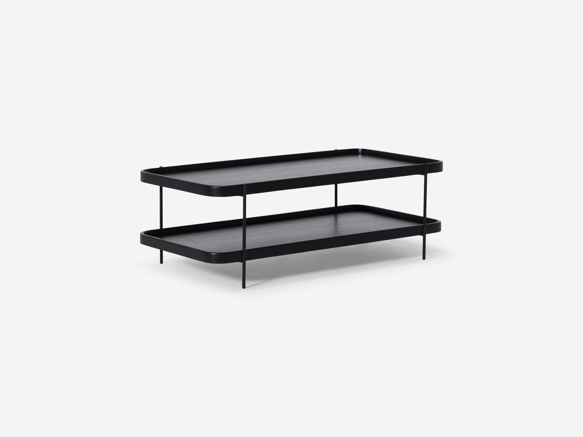 Angle view of rectangular coffee table in black oak